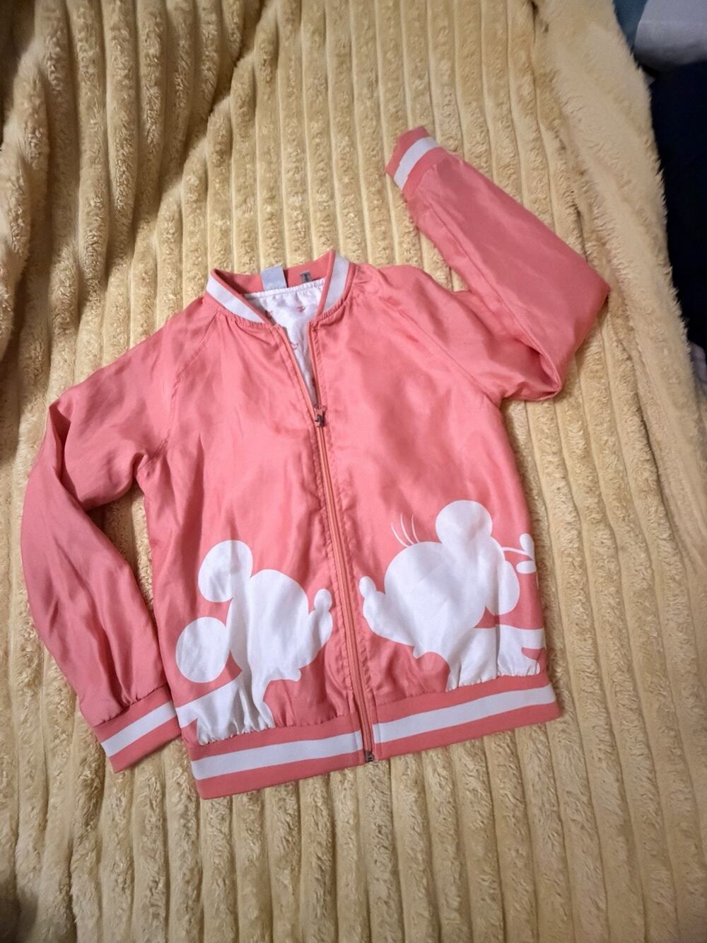 Vintage Disney Junk food Mickey Minnie Bomber Jacket Peach Kissing Large 12/14